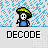 Pixelated character with green-yellow hat and blue shirt stands against light blue speckled background, text "DECODE" below.