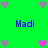 Green background with four 'Madi' text labels and scattered heart icons in gray and pink.