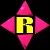 Six variations of a yellow 'R' letter surrounded by pink diamond-shaped elements on black background, each with distinct arrangement and orientation.