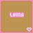 A 3x3 contact sheet of nine animated frames showing a static brown background with pink text and heart symbols, each frame displaying the name "LAURA" in pixelated font and one or two small hearts at bottom-right corner.