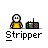 Animated contact sheet of a pixel art character performing various actions next to a radio-like device, with all frames labeled "Stripper" below the icon.