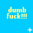 Yellow pixelated text 'dumb fuck!!!' repeated across a bright blue background with scattered white star-like shapes.