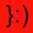 Red background with two black curly braces and parentheses forming emoticons, each containing a colon; left pair has dark square eyes, right pair has white square eyes.