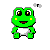 Green pixelated frog with yellow cheeks and white belly in various poses including smiling, winking, holding a red object, and having gray marks on its face.