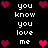 Black background with white text reading "you know you love me" and pink/magenta heart icons in a pattern