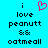 Pixelated text on cyan background with pink heart symbol above 'i love peanut & oatmeall' in black block letters.