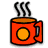 A pixelated red mug with a handle, orange rim, and yellow circular design on its side, emitting three black steam lines against a white background.