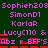 Animated sequence of repeated text in pink and red pixelated font on dark green background, cycling through identical patterns
