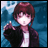 Pixelated anime-style character with brown hair and glasses points right against blue background, next to black with white text