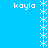 Static blue background with white pixelated text 'kayla' and star-like symbols arranged in vertical