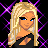 Pixel art contact sheet of a blonde female character in various poses with explicit text, set against a purple grid background.