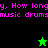 Pixelated text repeats 'How longy, How long' and 'music drums' on split black and green backgrounds with two star icons.