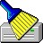 Pixelated icon shows a blue and yellow broom resting on a gray mailbox with white lines, green button detail, against plain background.