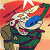 Pixelated cartoon character with red hair and blue mask on left, green text 'Original Icons .com' on dark green background right; part of a 2-frame contact sheet showing animation.