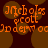 Pixelated orange text reading "nichols scott" and "jaderm ocjderm" on a dark brown background with blurred circular shapes.