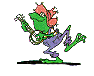 Green cartoon frog with red spiky hair plays banjo in four distinct poses against gray background.