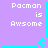 Four identical purple squares with cyan borders each display "Pacman is Awsome" text and a cyan Pacman icon in the bottom-right corner.