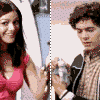 showing two people holding a trophy, with the woman in a pink top and the man in a patterned shirt, each frame displaying a different pose
