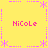 Yellow background with pink pixelated text and decorative elements arranged in a pattern