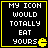 Four identical black square with yellow borders display white pixelated text reading "MY ICON WOULD TOTALLY EAT YOURS" and a yellow Pac-Man icon on the right