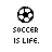 Pixelated soccer ball icon with text variations below, showing partial and full 'SOCCER IS LIFE.' in black or blue lettering on white background.