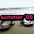A beach scene with a starfish on sand, sunglasses and drinks on the left, and text overlays reading 'summer '08' in pink and blue.