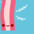 Pixelated pink and white striped character with red eyes and a smile against light blue background, animated to shift position.