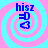 Four identical display blue text 'hisz' above a pixelated icon with a heart symbol on a pink and cyan spiral background