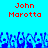 Pixelated image with red text 'John Marotta' repeated twice on a bright blue background above a of blue pixelated shapes