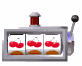 Animated slot machine with three reels showing cherry symbols, lever movement, and changing background elements across frames.