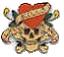 Pixelated static icon of a skull with crossed bones, wearing a red bandana and holding two golden objects resembling coins or drums.