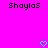Bright pink background with black pixelated text 'Shoylos' at top left and top right, two cyan pixelated hearts at bottom center and bottom right.