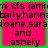 A static image with four identical pink rectangles on a green background, each containing black text listing names.