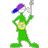 Animated contact sheet of a green stick figure character with purple-blue cap and yellow circular emblem, holding white objects that change position across frames.
