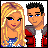 Pixel art contact sheet showing two animated characters on the left and green text logo on a dark background on the right, all in 48x48 pixel resolution with visible dithering and blocky rendering.