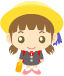 Animated pixel art contact sheet showing two frames of a cartoon girl with pigtails, yellow hat, and school uniform holding an orange object.