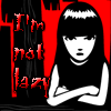 A static image with red, black, and white colors shows a stylized girl with long black hair and a white headband, a black cat, and multiple text phrases.