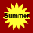 Four identical yellow sunburst icons with black text reading 'Summer' on a solid red background, arranged in a