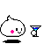 A 4-frame animated contact sheet showing a white cloud-shaped character with pink cheeks and simple facial features interacting with blue-and-white martini glasses, some frames including a yellow star symbol.