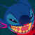 Pixelated blue cartoon character with large eyes, a wide open mouth showing yellow teeth, and a pink scarf against a dark teal background.