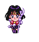 Pixel art character with black hair, purple accents, red top, and purple skirt holding a purple staff with white details.