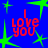 A static contact sheet of three identical animated frames showing a blue background with green starbursts and red text reading "I love you" in pixelated font, arranged in a 2x2 grid with one gray square placeholder.