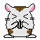 Pixel art hamster with white body, brown patches on head and sides, pink inner ears, closed eyes, whiskers, and a small nose.