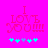 Pixelated pink text "I LOVE YOU!!!" on bright pink background with cyan and purple star shapes below.