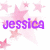 Pixelated pink star background with the name 'jessica' in purple, pink, and blue text across three