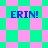 Four identical blue 'ERIN!' text blocks on a shifting green and pink checkered background with diamond-shaped