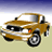 Pixelated static image of a brown sedan with white accents, black tires, and an orange indicator light on the front fender against a gradient sky and beige ground.