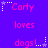 Purple background with pink text reading 'Carly loves dogs!' and white star-shaped pixel decorations in a