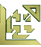 Golden 3D maze-like symbols with triangular accents rotate through multiple angles against a gray background.