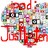 Pixelated red text 'pod' and 'Just' overlaid on a multicolored pixel mosaic background with scattered black squares.